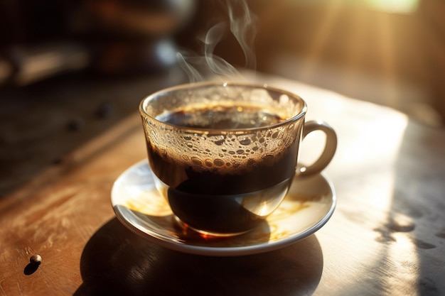 A cup of coffee with steam rising from the bottom