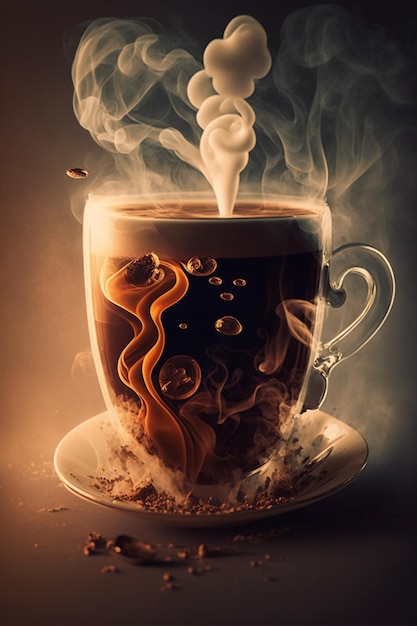 A cup of coffee with steam rising from it