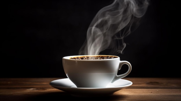 A cup of coffee with steam rising from the top.