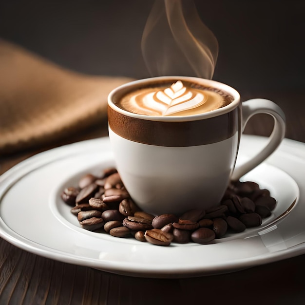 A cup of coffee with a steam rising from the top.