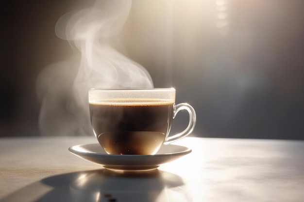 A cup of coffee with steam rising from the top.