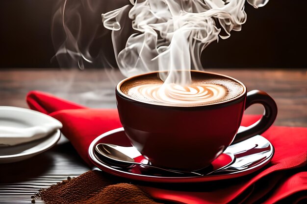 A cup of coffee with steam rising from the top.