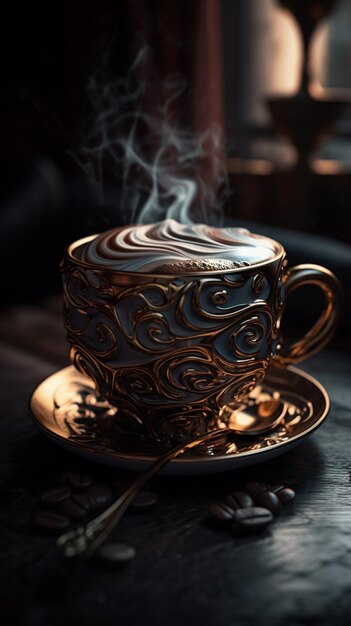 A cup of coffee with steam rising from the top.