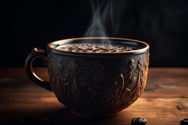 A cup of coffee with steam rising from the top.
