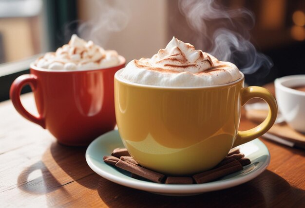 Photo a cup of coffee with a steamy drink on a saucer
