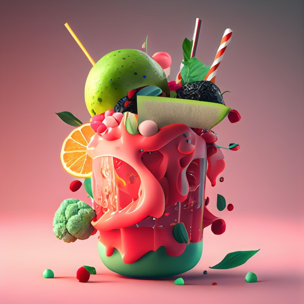 Cup of coffee with strawberries and oranges 3D illustration