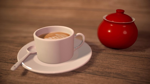 Cup of coffee with sugar bowl on a wooden table 3drendering