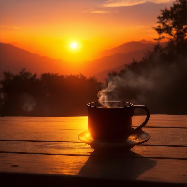 太陽が昇っている後ろでコーヒーを飲む