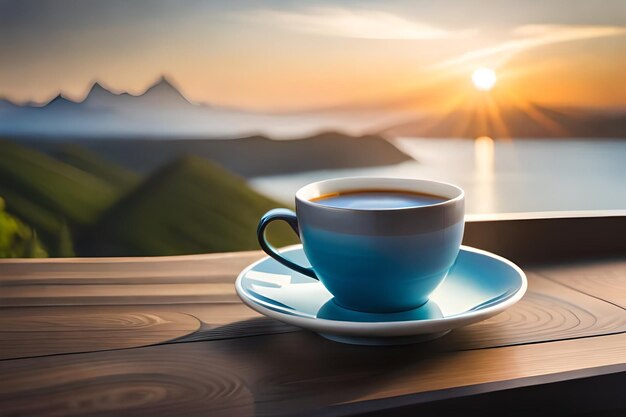 Photo a cup of coffee with the sun setting behind it