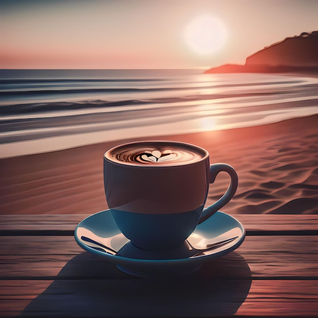 Foto una tazza di caffè con il tramonto sulla spiaggia.