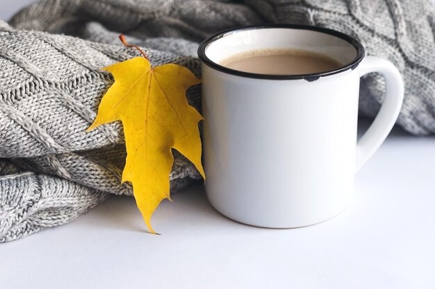 Cup of coffee with sweater and autumn leaves