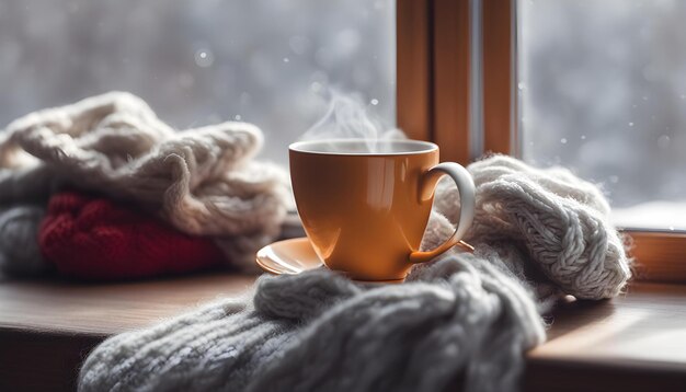 窓の隣のテーブルの上にスウェットを着たコーヒーのカップ