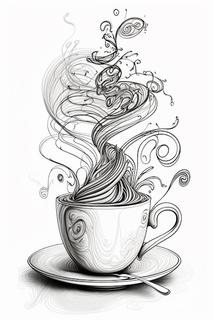 A cup of coffee with a swirl of smoke coming out of it.