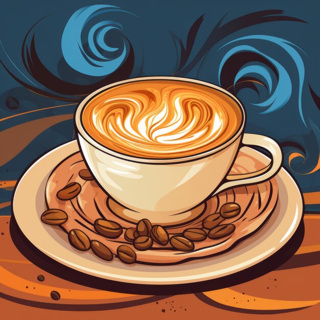 A cup of coffee with swirls and beans on a saucer