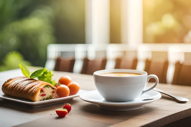 皿の上にトマトが乗ったコーヒー