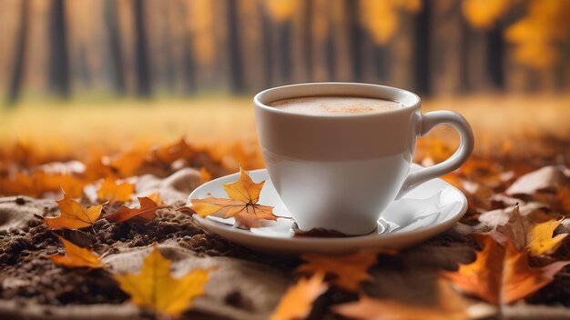 Cup of coffee with top blurred autumn background Generative AI