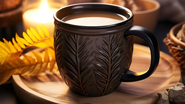 a cup of coffee with a tree design on the side
