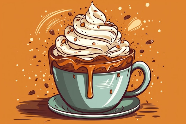 Photo cup of coffee with whipped cream in cartoon style ai generated