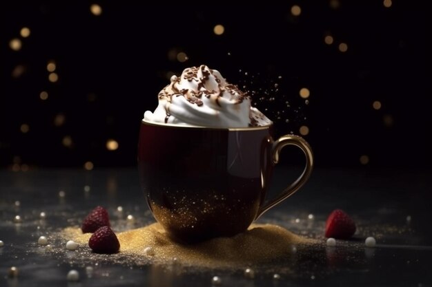 A cup of coffee with whipped cream and chocolate on top.