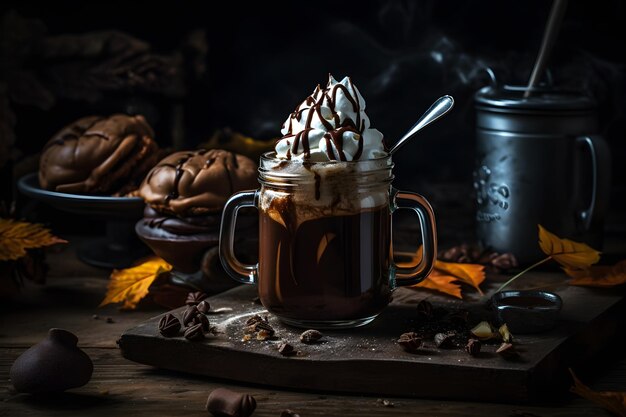 A cup of coffee with whipped cream and chocolate on a wooden table