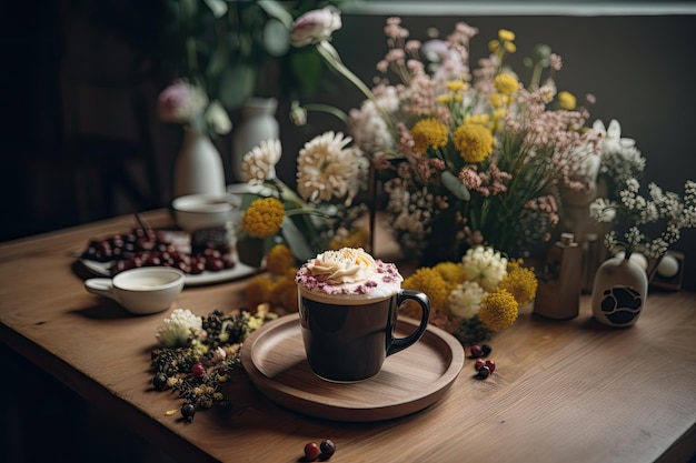 木のテーブルの上にホイップクリームと花が入ったコーヒー 一杯のコーヒー、完全に装飾された朝食スプレッドと花瓶が置かれた木製テーブル AI 生成