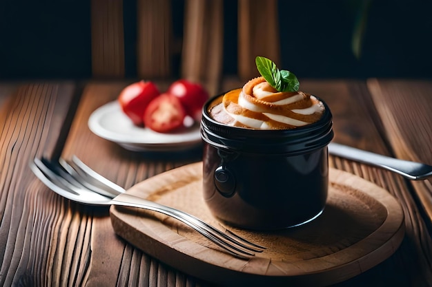 A cup of coffee with whipped cream and a fork on a wooden table.