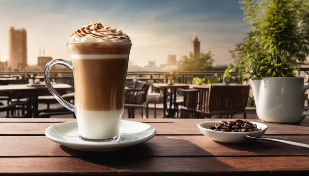 A cup of coffee with whipped cream on a table