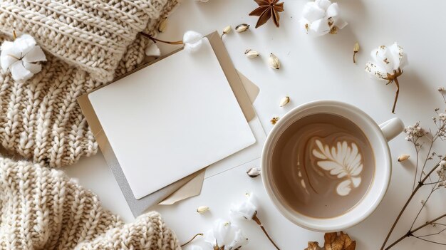 Photo a cup of coffee with a white card and a box of flowers on the table