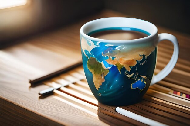 A cup of coffee with the world on it