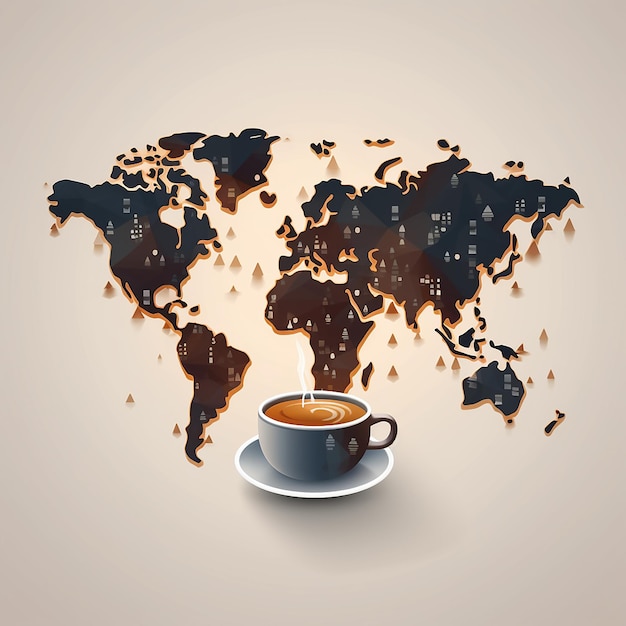 Photo a cup of coffee with the world map in the background