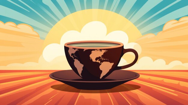 a cup of coffee with the world map on it