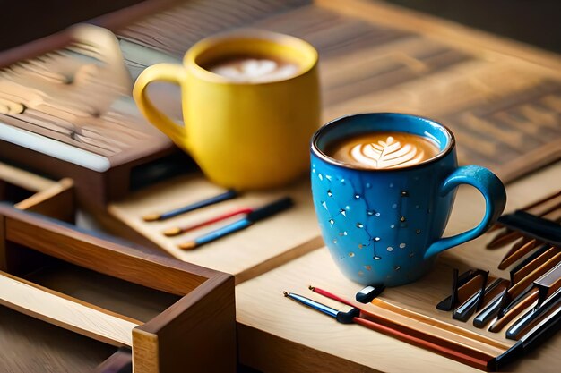 a cup of coffee with a yellow cup of coffee on a table.