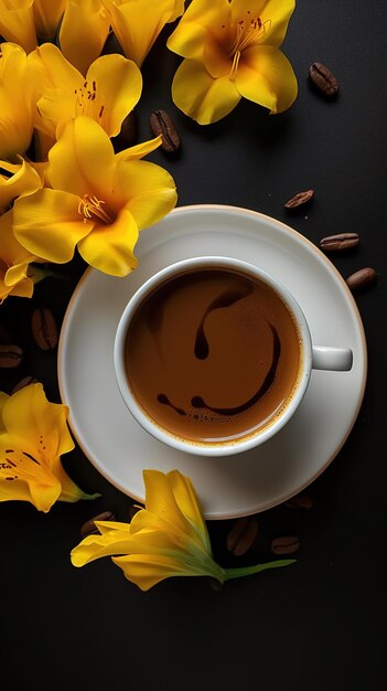 黄色い花と受け皿の上のコーヒー カップ。