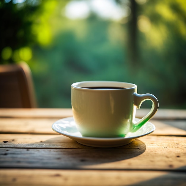 cup of coffee on wood table background illustration images AI generated