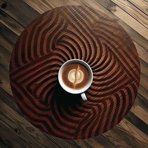 Cup of coffee on a wooden background top view flat lay