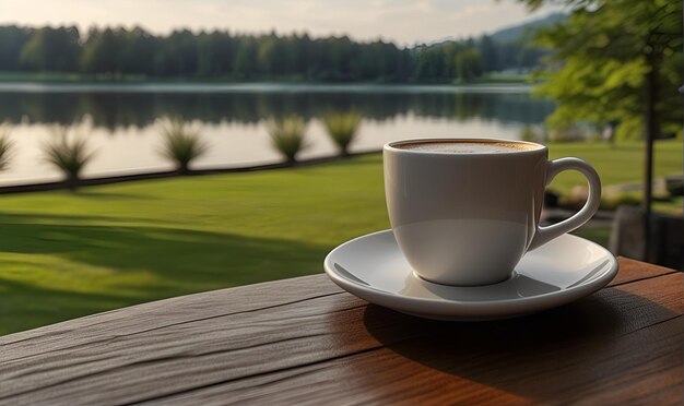 Photo a cup of coffee on a wooden board against the background of a lake forest and a green lawn