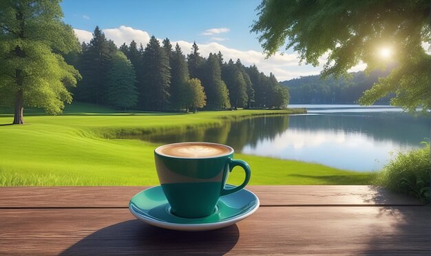 Foto una tazza di caffè su una tavola di legno sullo sfondo di una foresta di lago e un prato verde