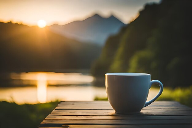 Foto una tazza di caffè su un molo di legno con un lago sullo sfondo.