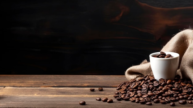 Photo a cup of coffee on a wooden table and a burlap sack of coffee beans