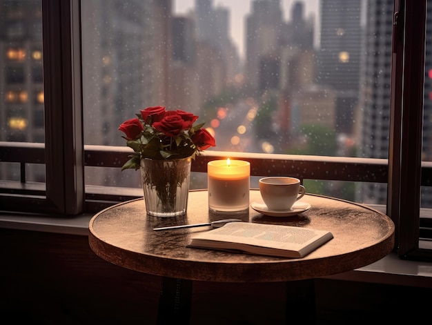 窓のそばの木製のテーブルの上にコーヒーを飲みながら高層ビルの外で雨が降り交通滞の景色を眺めています