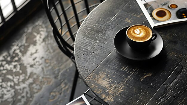 Cup of coffee on wooden table in cafe closeup view