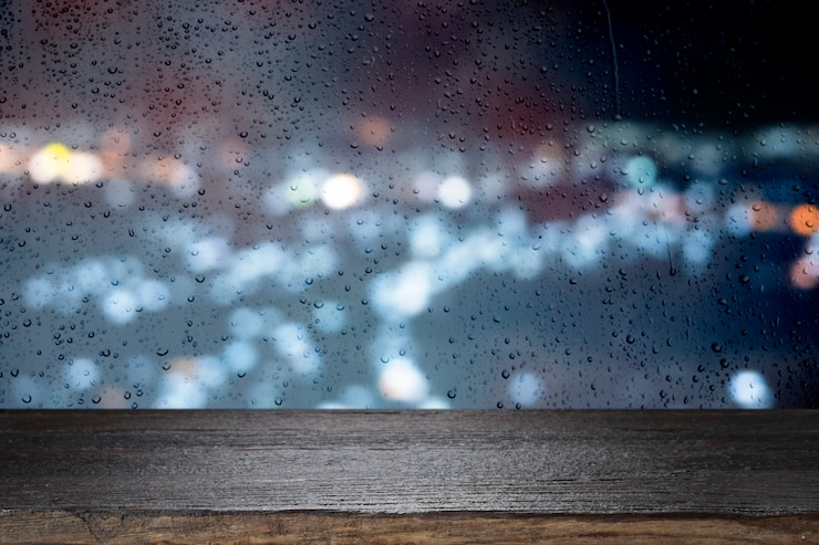 Photo cup of coffee on wooden table and drops of rain on window with city night lights