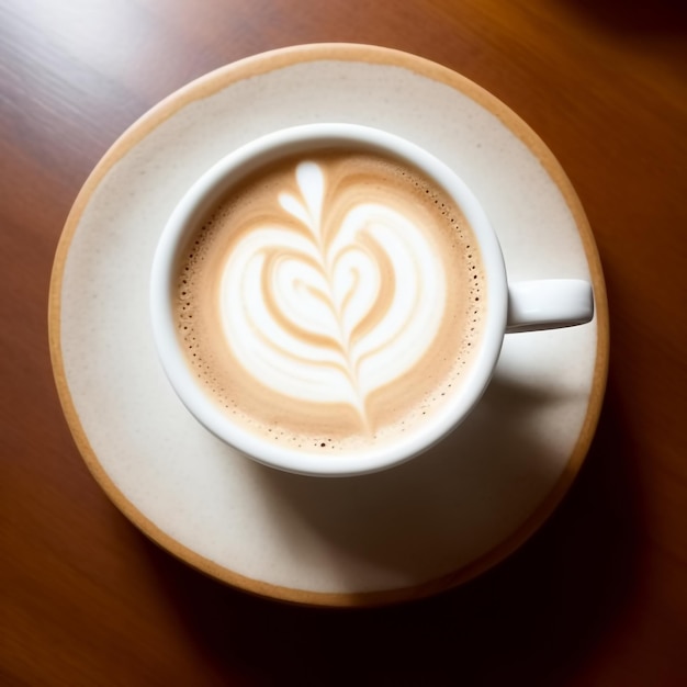 Чашка кофе на деревянном столе в форме сердца из пены Вид сверху Генеративный ИИ