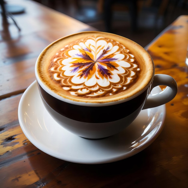 Cup of coffee on a wooden table Latte art