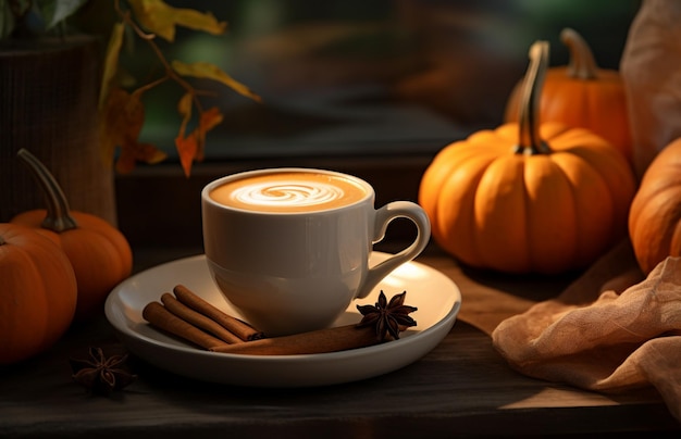 Foto coppa di caffè su un tavolo di legno vicino alle zucche sul davanzale della finestra