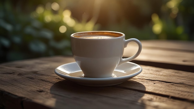 Cup of coffee on wooden table in summer garden closeup photo