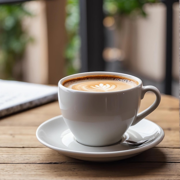 A cup of coffee on a wooden table with a beautiful view of plants