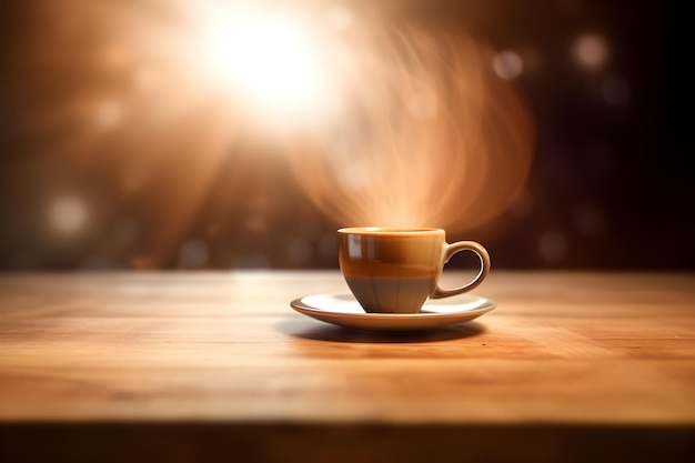 A cup of coffee on a wooden table with a blurred background