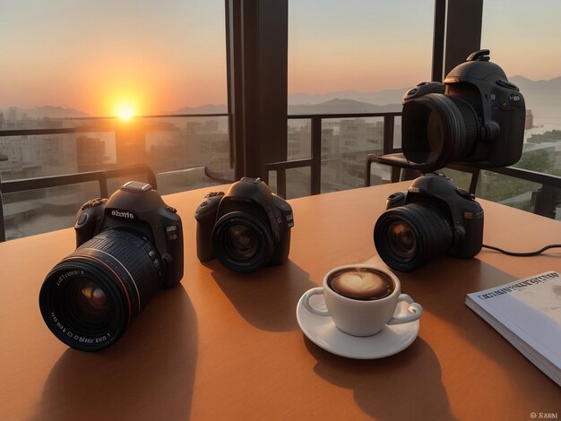 Cup of coffee on the wooden table with DSLR camera in the background and sunlight