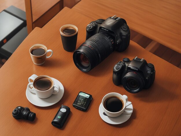 Cup of coffee on the wooden table with dslr camera in the background and sunlight